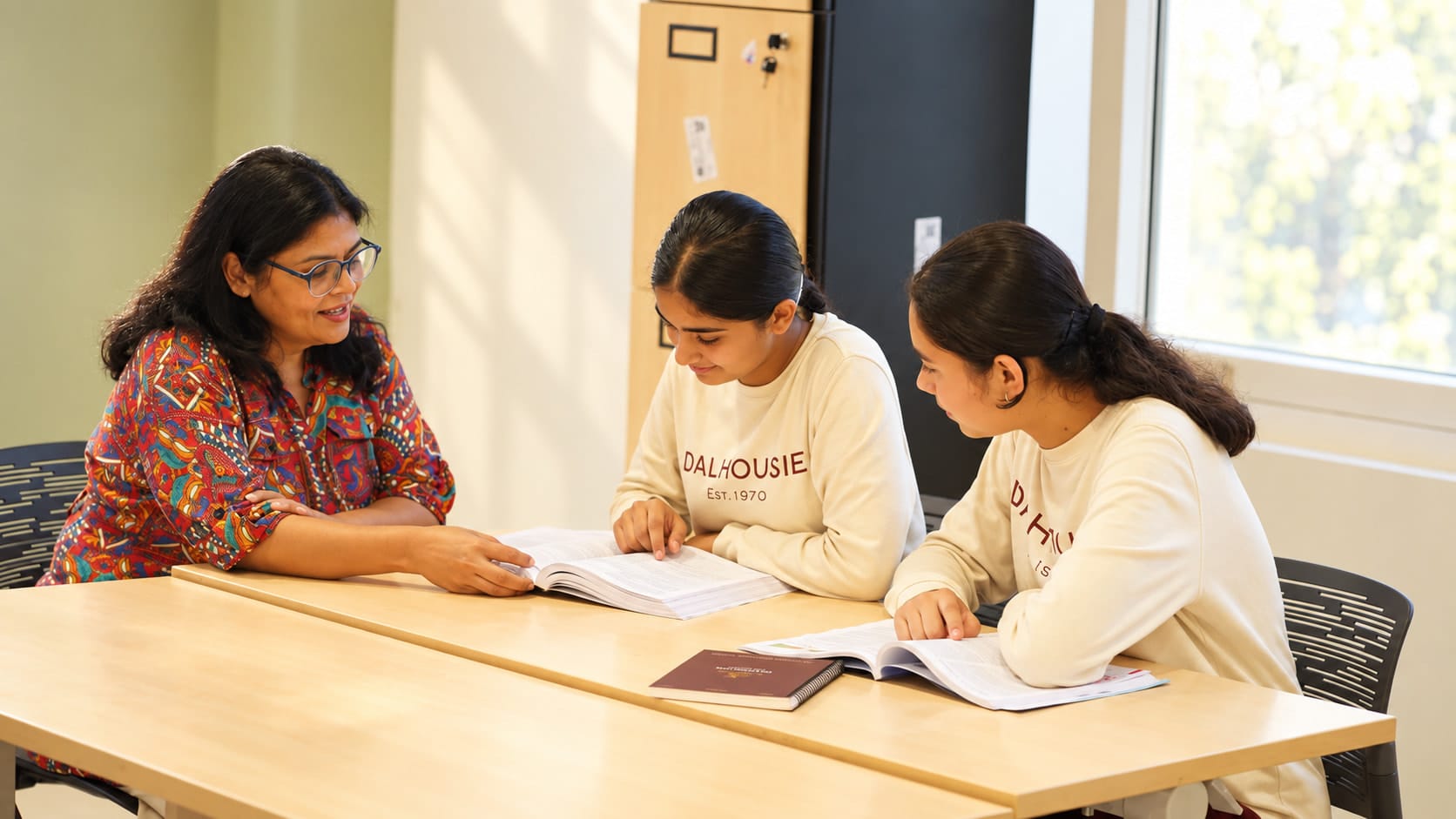 A teacher reading with two students at New Chandigarh