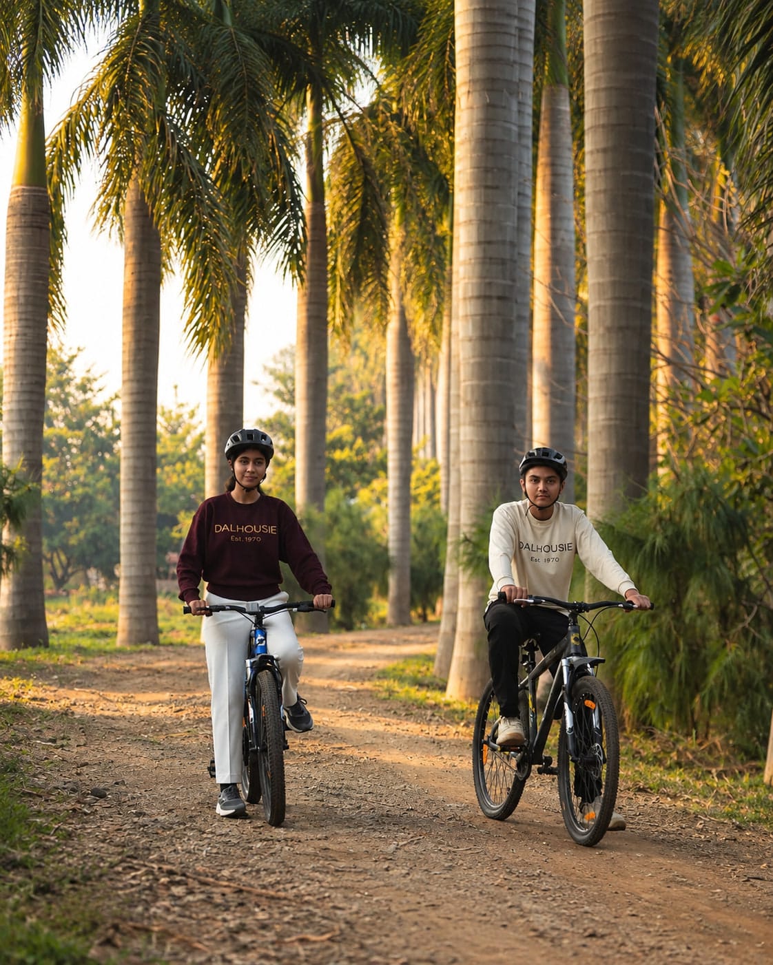 Two students mountain biking through the palms
